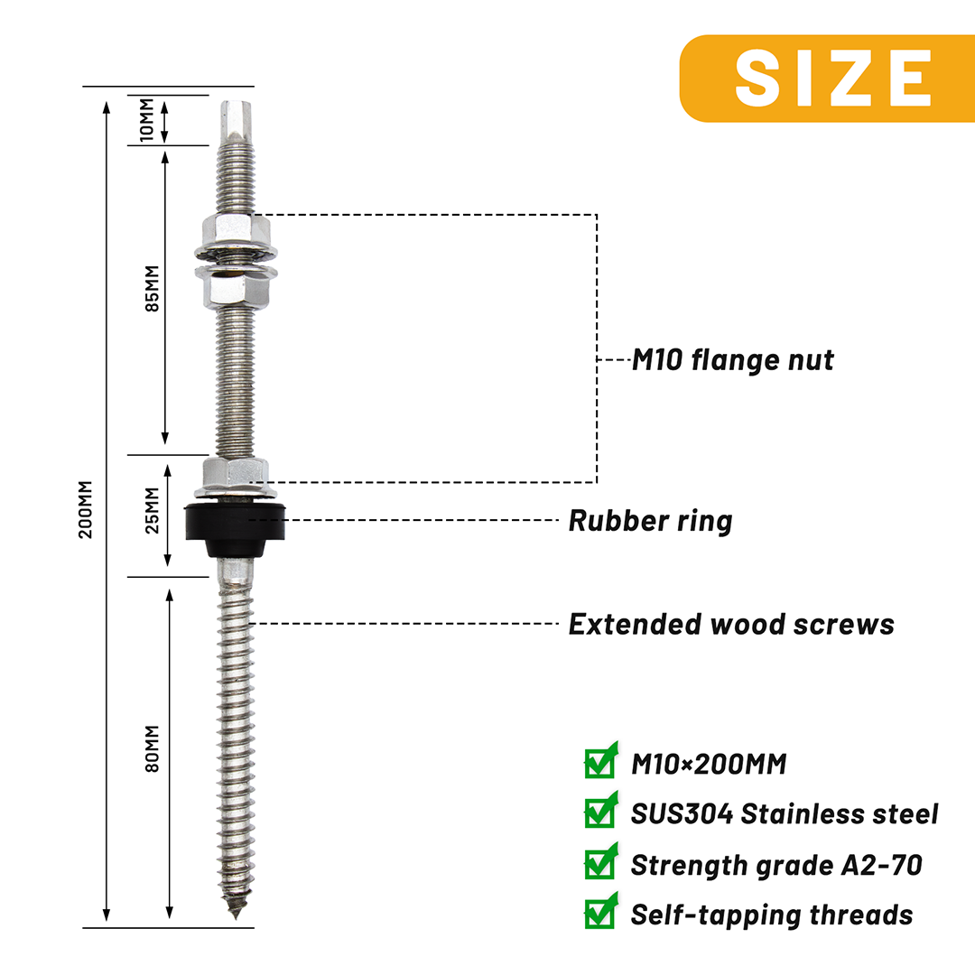 200mm SUS304 Stainless Steel Solar Hanger Bolts for Solar Panel Mount Kit